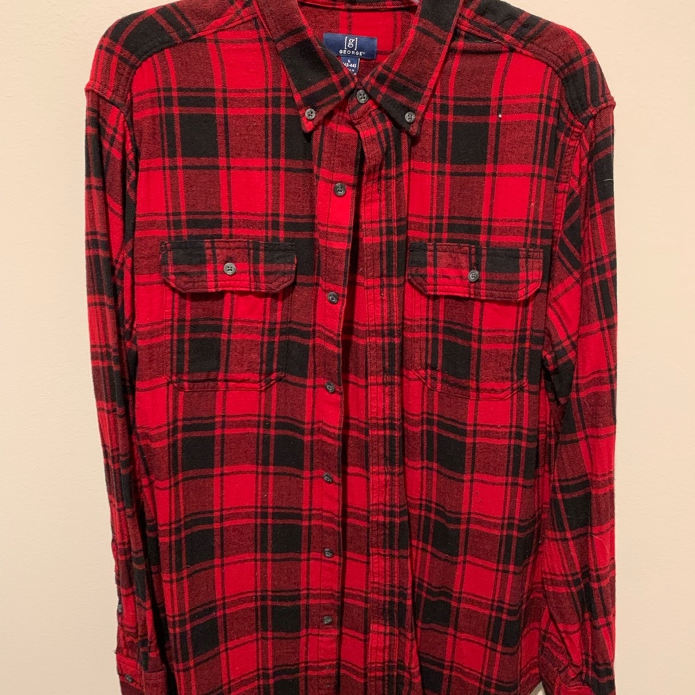 Red plaid button-down flannel shirt